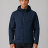Front view of a men's hooded windbreaker with full zip and zipped pockets