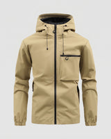 Model wearing the hooded puffer jacket in an outdoor setting