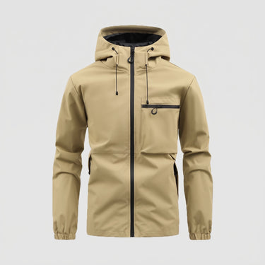 Model wearing the hooded puffer jacket in an outdoor setting