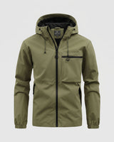 Flat lay of the men's hooded puffer jacket showing overall shape