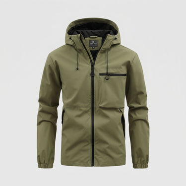 Flat lay of the men's hooded puffer jacket showing overall shape