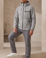 Front view of a men's hooded puffer jacket with full-length zip fastening