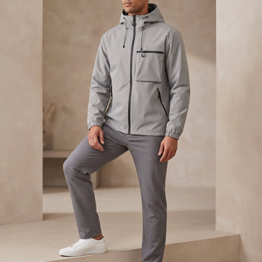 Front view of a men's hooded puffer jacket with full-length zip fastening