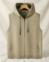 Front view of men's sleeveless zip-up hoodie vest with hood closed