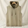 Front view of men's sleeveless zip-up hoodie vest with hood closed
