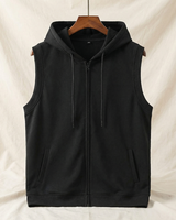 Side view showing the sleeveless cut and structured hood of the hoodie vest