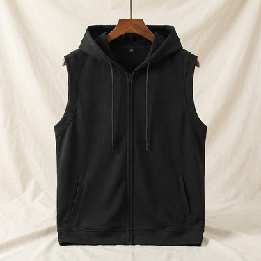Side view showing the sleeveless cut and structured hood of the hoodie vest