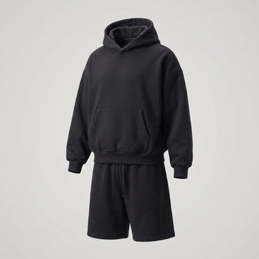 Full-length front view of men's heavyweight hoodie on model