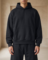 Detail shot of kangaroo pocket on heavyweight men's hoodie
