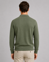 Front view of men's knitted polo with relaxed open collar and ribbed hem