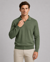 Close-up of open johnny collar on men's fine-knit polo shirt