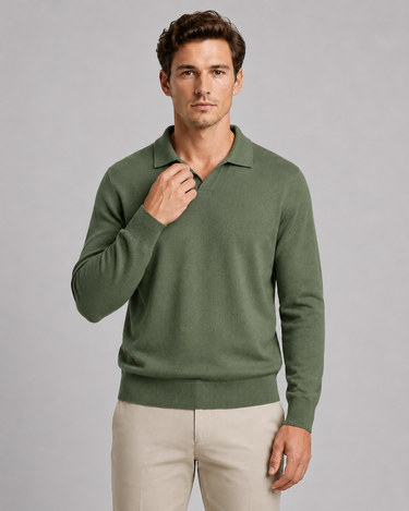 Close-up of open johnny collar on men's fine-knit polo shirt