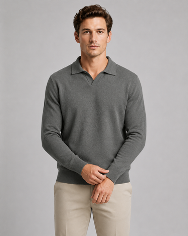 Men's knitted polo shirt styled for smart-casual office wear