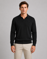 Close-up of fine-gauge knit texture on men's open-collar polo shirt
