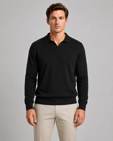 Close-up of fine-gauge knit texture on men's open-collar polo shirt