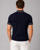 Front view of men's knitted polo shirt showing three-button placket and polo collar