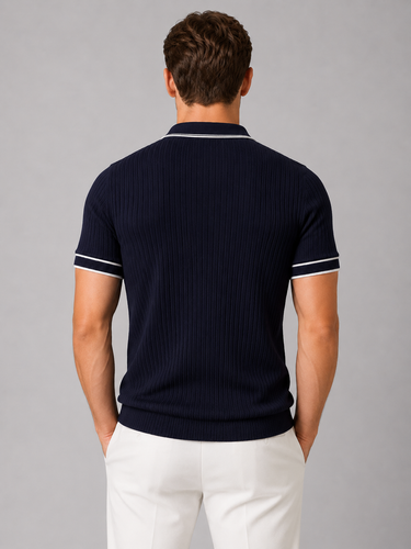 Front view of men's knitted polo shirt showing three-button placket and polo collar