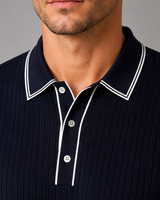 Side view of men's ribbed polo shirt highlighting tailored fit and knit structure
