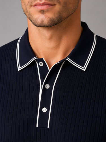 Side view of men's ribbed polo shirt highlighting tailored fit and knit structure