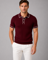 Men's knitted polo shirt worn in a casual smart outfit setting