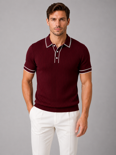 Men's knitted polo shirt worn in a casual smart outfit setting