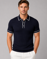 Men's ribbed knit polo shirt with contrast tipping on collar and sleeve cuffs