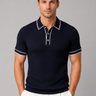 Men's ribbed knit polo shirt with contrast tipping on collar and sleeve cuffs