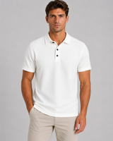 Close-up of button placket on men's knitted polo shirt