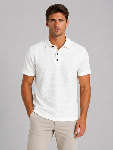 Close-up of button placket on men's knitted polo shirt