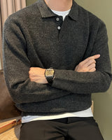 Back view of a men's long-sleeve knitted polo shirt with fine vertical rib