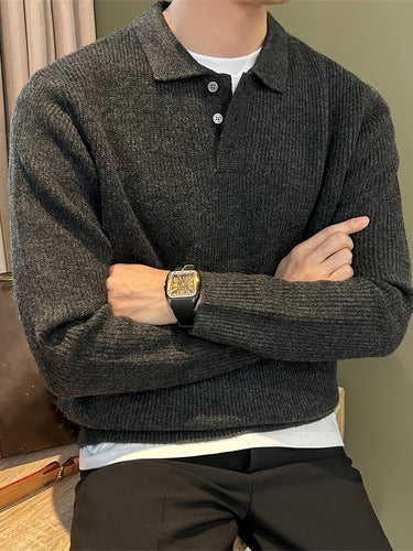 Back view of a men's long-sleeve knitted polo shirt with fine vertical rib