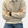 Front view of a men's long-sleeve knitted polo shirt with ribbed texture and button placket