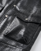 Side view showing dropped shoulder seam of men's leather jacket