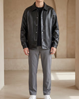 Men's leather biker jacket with stand collar and front zip closure