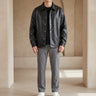 Men's leather biker jacket with stand collar and front zip closure