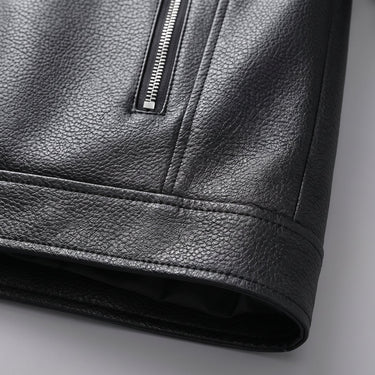 Close-up of the stand collar and zip fastening detail on the leather jacket