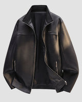 Back view of the biker leather jacket highlighting the clean seam detailing