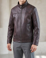 Detail shot of the sleeve and cuff on the motorcycle-style leather jacket