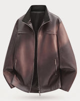 Flat lay of the biker leather jacket showing the front and collar construction