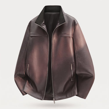 Flat lay of the biker leather jacket showing the front and collar construction