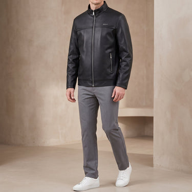 Front view of a loose-fit biker leather jacket with stand collar and zip fastening