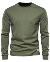 Detail shot of the crew neckline on a men's long sleeve polo shirt