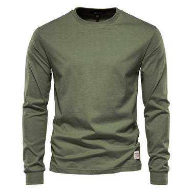 Detail shot of the crew neckline on a men's long sleeve polo shirt