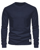 Man wearing a long sleeve polo shirt with a crew neckline and straight hem