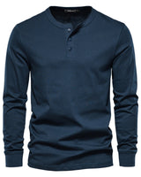 Three-quarter view of men's long sleeve Henley T-shirt
