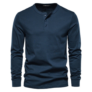 Three-quarter view of men's long sleeve Henley T-shirt
