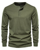 Men's long sleeve Henley T-shirt with three-button placket and fitted cuffs