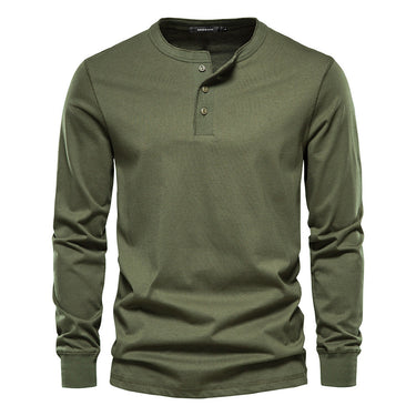 Men's long sleeve Henley T-shirt with three-button placket and fitted cuffs