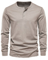 Front view of men's Henley T-shirt showing button placket detail