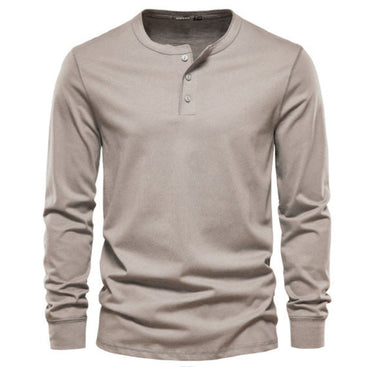Front view of men's Henley T-shirt showing button placket detail